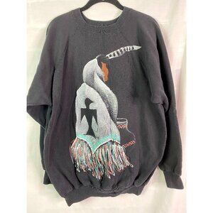 Vintage Handpainted Woman Eagle Feather Phoenix Blanket Black Crew Sweatshirt XL